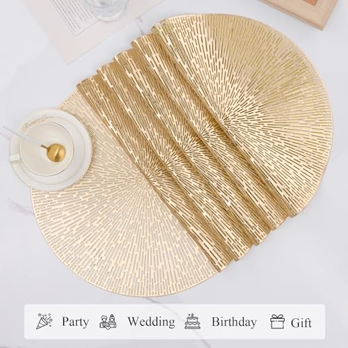 15 Inch Gold Round Placemats Set of 6 - AdasBridal Vinyl Table Mats, Pressed Metallic Decor