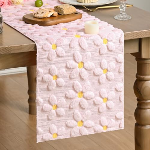 Artoid Mode 13x120 Inch Pink Soft Plush Faux Fur Jacquard Daisy Table Runner