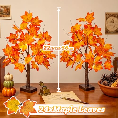 Lighted Artificial Fall Maple Tree - 22" Battery Operated with 24 LEDs - 2 Pack Fall Decorations for Indoor Use