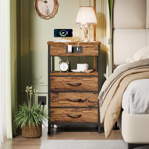 Nightstand with Charging Station and 3 Fabric Drawers, Rustic Side Table