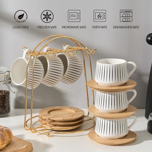 LUKA 6-Stripe White Ceramic Espresso Cups Set with Saucers & Metal Holder, 4.4 oz