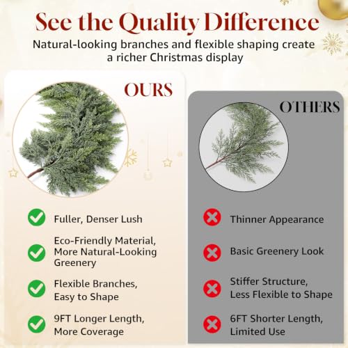 AUMERUNE 9FT Christmas Garland with Lights - Realistic Cedar, Full & Lush, Remote Control Modes