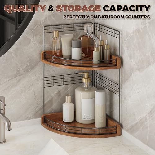 2-Tier Bathroom Corner Shelf, Wood and Iron Countertop Organizer