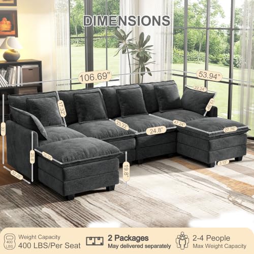 107" Modular Cloud Sectional Sofa with Ottomans, Deep Seat Couch
