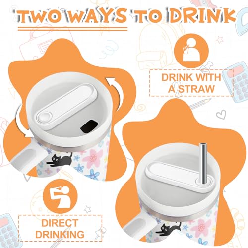 Hiboss Cat Tumbler with Handle & Straw 14oz Insulated Travel Cup for Kids & Girls - Cat Themed Gift