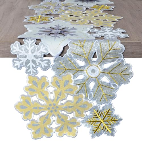 Grelucgo 14 x 120 in Machine Embroidered Silver & Gold Winter Snowflakes Table Runner