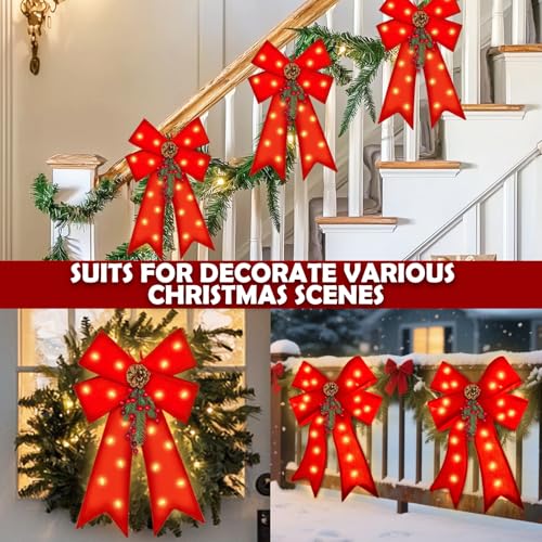 TURNMEON 3-Pack Large Prelit Christmas Bows with LED Lights, Red Velvet, Outdoor Decor