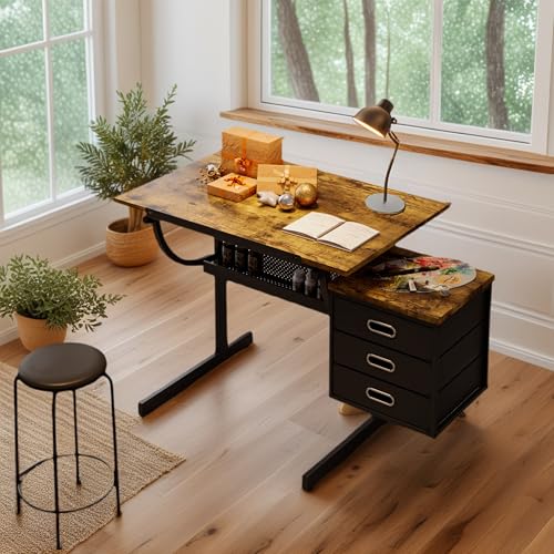 Adjustable Drafting Table with 3 Drawers and Stool, Brown Art Workstation