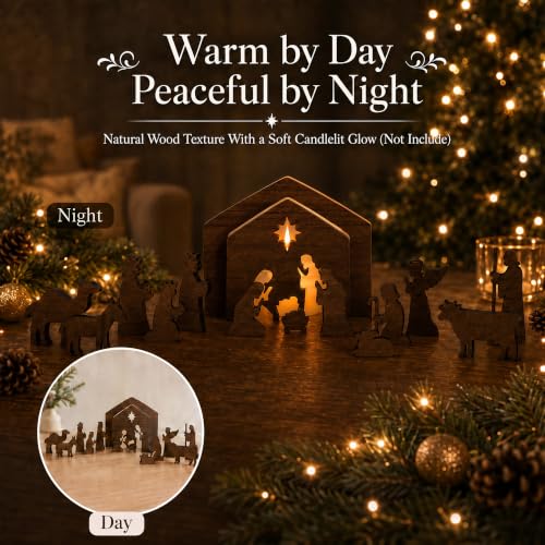Hawkrown 16-Piece Wooden Nativity Set with Brown Finish for Indoor Christmas Decor