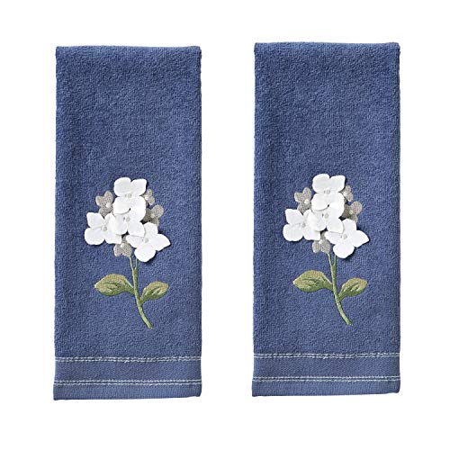 Hydrangea Embroidered Hand Towel Set - 2pc Cotton Velour, 16x25 Blue