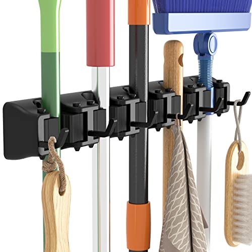 Wall Mounted Mop and Broom Holder Organizer with 5 Slots and 6 Hooks
