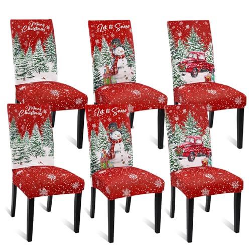 Christmas Chair Covers Set of 6 with Snowman Truck & Tree Design - Stretch Fit Holiday Slipcovers