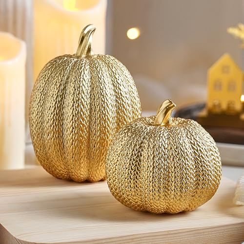 2-Piece Resin Gold Pumpkin Decor, Woven Effect Thanksgiving Table Centerpiece