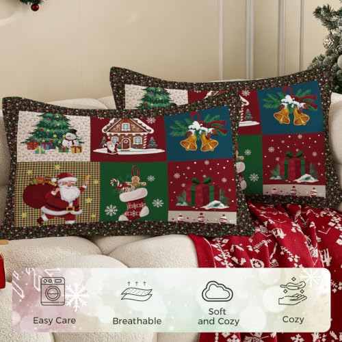Luxudecor Christmas Patchwork Pillowcases Set of 2 20x28 Inches Red & Green