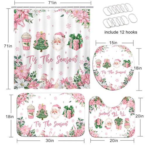 Pink Christmas Shower Curtain Set Santa Claus Holiday Bathroom Decor 72x72 inches