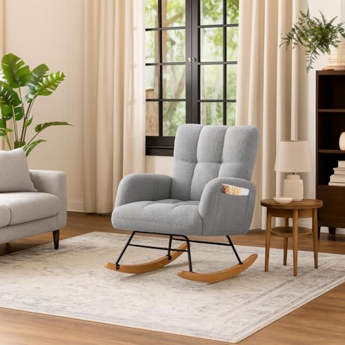 Teddy Fabric Nursery Rocking Chair with Side Pockets and High Backrest