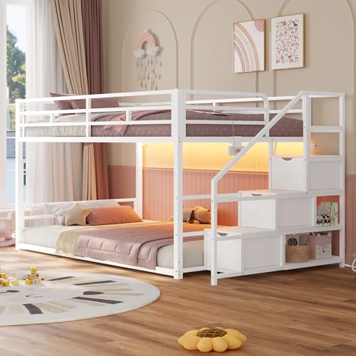 Low Twin Over Twin Bunk Bed with Storage Stairs, RGB Lights & Power Outlet