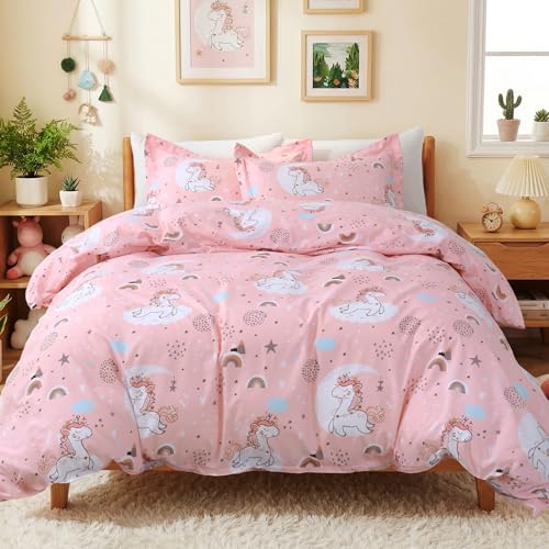 Unicorn Kids Duvet Cover Set - Twin Size 2-Piece Microfiber Bedding
