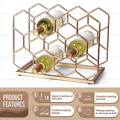 14-Bottle Geometric Metal Wine Rack - Freestanding Gold Countertop Holder