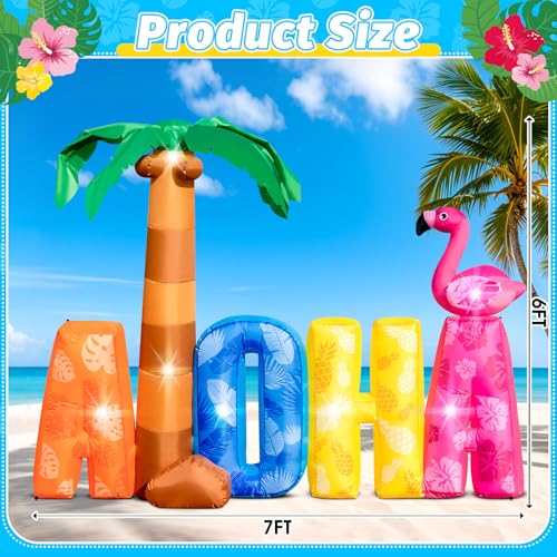 7FT Inflatable Aloha Sign with Palm Tree & Flamingo, LED Luau Party Decor