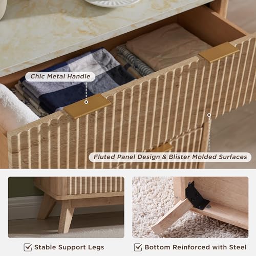 54-Inch Fluted 6-Drawer Dresser, Mid-Century Modern Wood Storage Cabinet