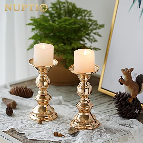 NUPTIO 10Pcs Gold Pillar Candle Holders Set, 6in Centerpiece Stands for 2in Candles