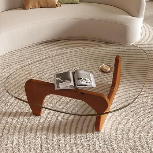 Modern Tempered Glass Coffee Table with Solid Wood Base, Small Walnut Table