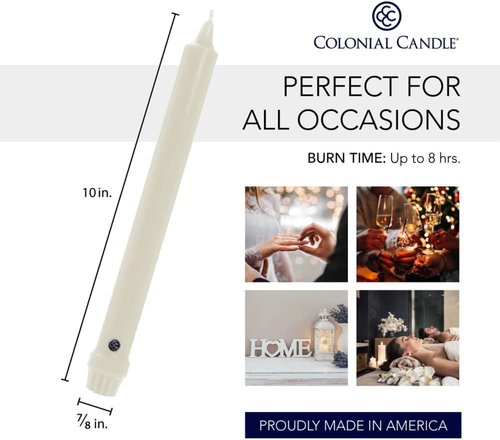 Colonial Candle Unscented Taper Candles - Classic Ivory, 10 in, Pack of 6 | Up to 8 Hours Burn Time