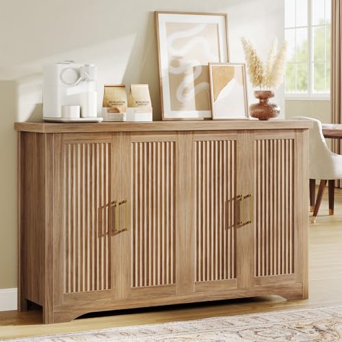 55-Inch Fluted Sideboard Buffet Cabinet with Adjustable Shelves, Natural Oak