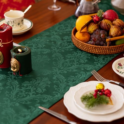 Joyfol Day 14x60 Inch Jacquard Green Damask Table Runner, Waterproof Xmas Holiday