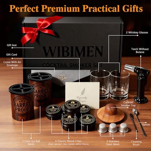 Wood Grain Whiskey Smoker Kit with Torch, 2 Clear Ice Ball Molds & Glasses