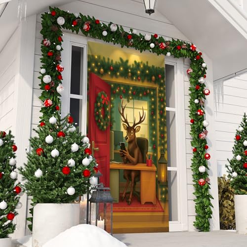 Preboun Christmas Door Cover Reindeer Holiday Banner 70x35 Inch Indoor Outdoor Decor