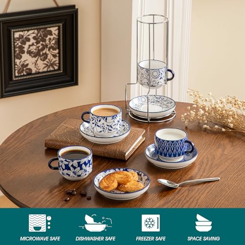 Vancasso 4oz Porcelain Espresso Cups Set of 4 with Saucers & Metal Stand - Stackable Coffee Mugs