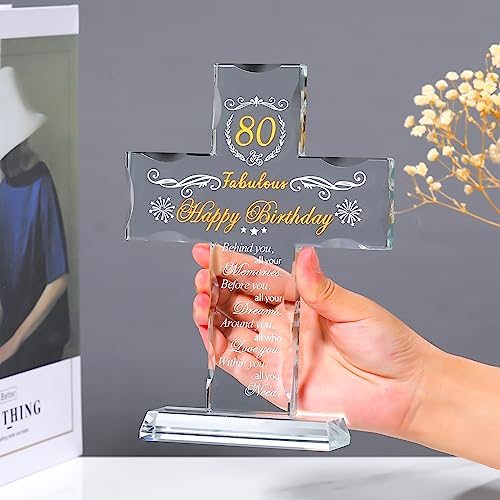 80th Birthday Glass Cross Keepsake, Engraved Religious Gift for Men and Women