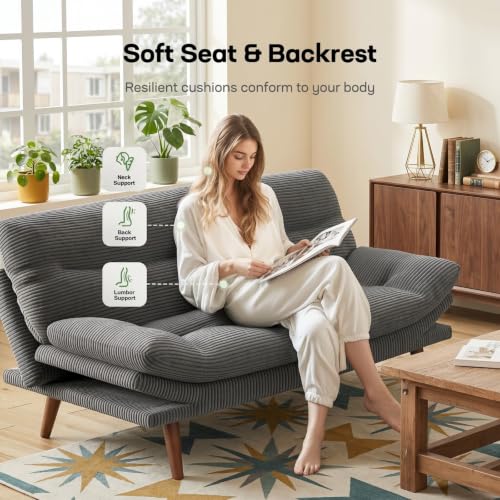Convertible Corduroy Futon Sofa Bed, 66-Inch Adjustable Sleeper Loveseat