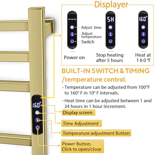10-Bar Electric Towel Warmer Rack with Timer & Temp Control, Brushed Gold