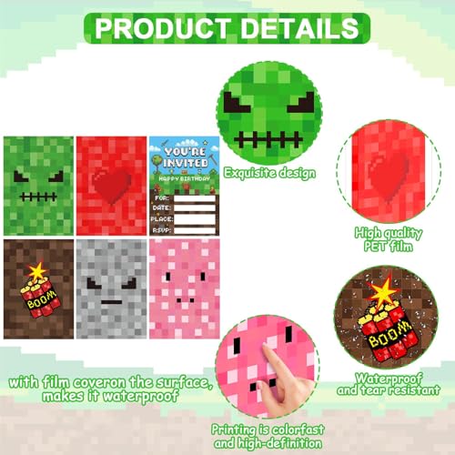 30-Piece Pixel Video Game Birthday Party Invitations with Envelopes & Stickers