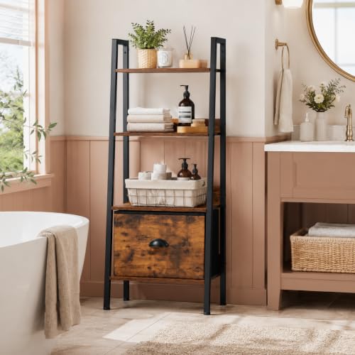 4-Tier Industrial Ladder Bookshelf with Removable Fabric Storage Drawer