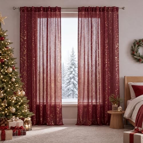 Horaldaily Burgundy & Gold Christmas Sheer Curtains 52x84in Set of 2