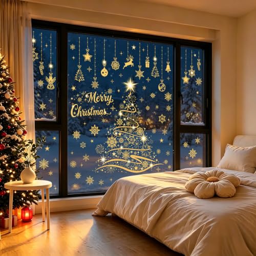 Joeyan Gold Christmas Tree Window Clings - Large Holiday Decor, 9 Sheets