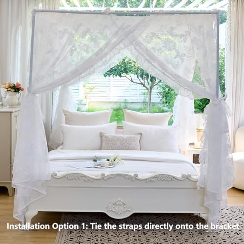 Elegant Lace 4-Poster Bed Canopy Mosquito Net - Queen Bedroom Drapes