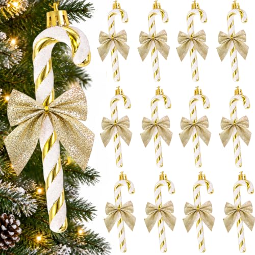 Gold and White Glitter Candy Cane Ornaments - 12pcs Christmas Tree Decorations with Bows