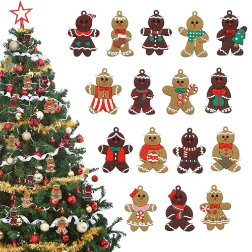 16 Pcs Gingerbread Man Christmas Ornaments - 3 Inch Shatterproof Figurines
