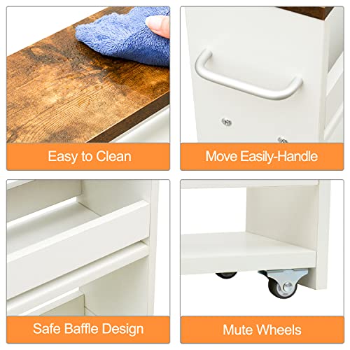4-Tier Slim Rolling Storage Cart, 5.5" Narrow Wood Organizer on Wheels