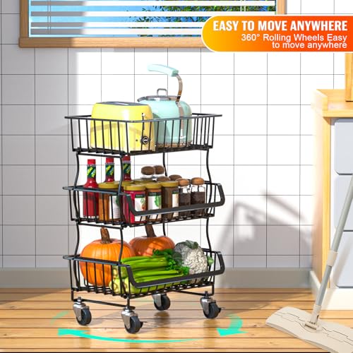 3-Tier Rolling Pantry Organizer Cart with Stackable Wire Fruit Baskets