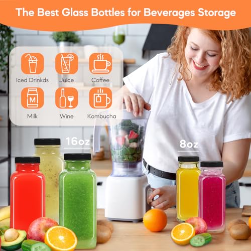 8oz Square Glass Juice Bottles with Leak-Proof Lids, 6-Pack Set