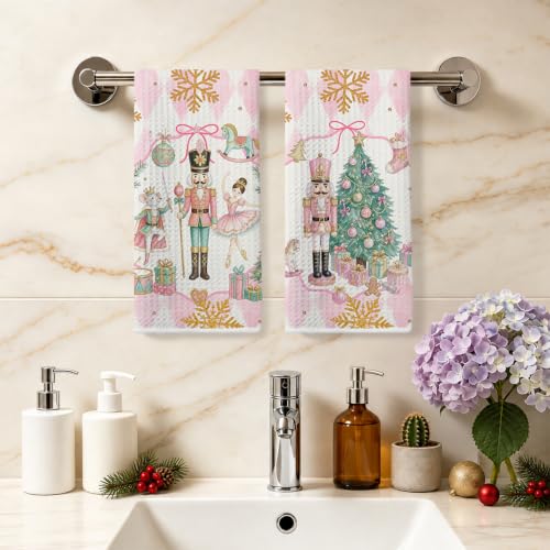 2 Pcs Pink Nutcrackers Merry Christmas Kitchen Towels - 14x24 in Multi 0877
