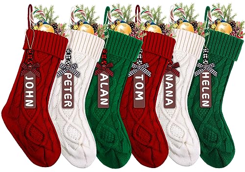 18-Inch Cable Knit Christmas Stockings with Wooden Name Tags (6 Pack)