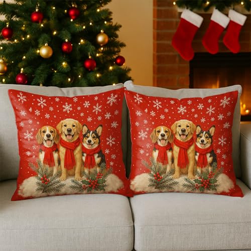 IVN Christmas Dog Trio Pillow Covers 18x18 Inch Set of 2 - Retrievers Holiday Decor