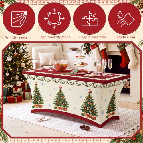 Red Christmas Tree Stretch Table Cover for 6ft Tables - Snowflake Design